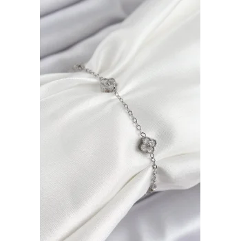 316L Çelik Yonca Model Gümüş Renk Kadın Bileklik