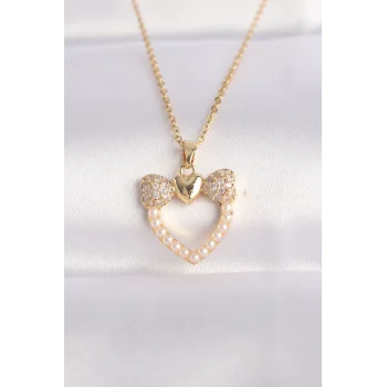 316L Çelik Zincir Altın Renk İnci Taş Detay Zirkon Taşlı Kalp Kolye