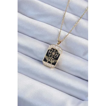 316L Çelik Zincir Altın Renk İşlemeli Siyah Mineli Tarot Kolye