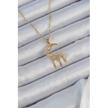 316L Çelik Zincir Altın Renk İşlemeli Zirkon Taşlı Ay Kolye