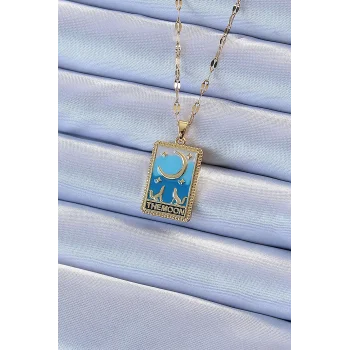 316L Çelik Zincir Altın Renk Mavi Mineli Ay Figür Tarot Kolye