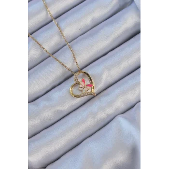 316L Çelik Zincir Altın Renk Mineli Kelebek Figür Zirkon Taşlı Kalp Kolye