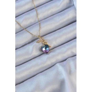 316L Çelik Zincir Altın Renk Mor Mavi Renk Zirkon Taşlı Kalp Detay Peri Kolye
