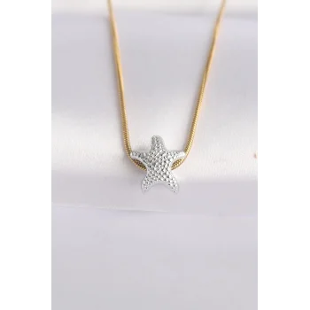 316L Çelik Zincir Altın Renk Zincirli Gümüş Renk Deniz Yıldızı Tasarımlı Kolye