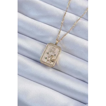 316L Çelik Zincir Altın Renk Zirkon Taşlı Aslan Figürlü Tarot Kolye