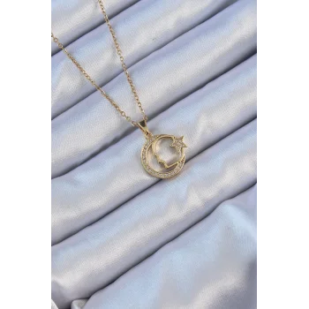 316L Çelik Zincir Altın Renk Zirkon Taşlı Ay Yıldız Simgeli Atatürk Kolye