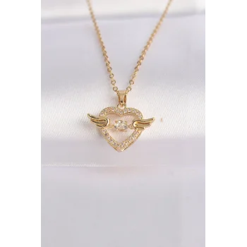 316L Çelik Zincir Altın Renk Zirkon Taşlı Kanatlı Kalp Kolye