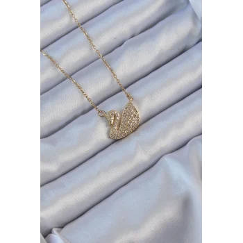 316L Çelik Zincir Altın Renk Zirkon Taşlı Kuğu Kolye