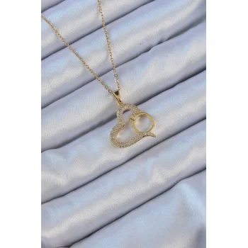 316L Çelik Zincir Altın Renk Zirkon Taşlı Yüzüklü Kalp Kolye