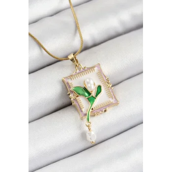 316L Çelik Zincir Beyaz Sanatsal Portre Sallantılı İnci Detaylı Lale Model Gold Renk Kadın Kolye