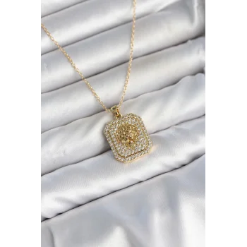 316L Çelik Zincir Gold Aslan Madalyon Model Zirkon Taşlı Kadın Kolye