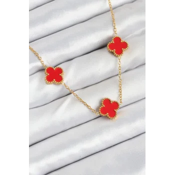 316L Çelik Zincir Gold Kırmızı Renk Yonca Kadın Kolye