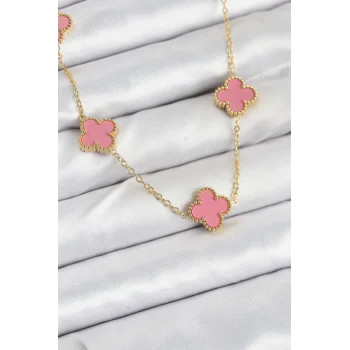 316L Çelik Zincir Gold Pembe Renk Yonca Kadın Kolye
