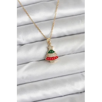 316L Çelik Zincir Gold Ren Çam Ağacı Model Zirkon Taşlı Yılbaşı Temalı Kadın Kolye