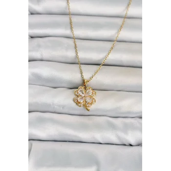 316L Çelik Zincir Gold Renk 4 Yapraklı Yonca Model Kadın Kolye
