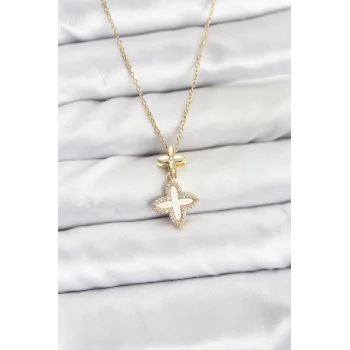 316L Çelik Zincir Gold Renk 4 Yapraklı Yonca Model Zirkon Taşlı Kadın Kolye