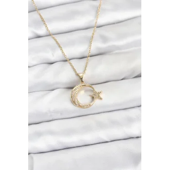 316L Çelik Zincir Gold Renk Ay Yıldız Model Zirkon Taşlı Kadın Kolye