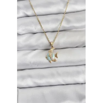 316L Çelik Zincir Gold Renk Balık Model Zirkon Taşlı Kadın Kolye