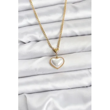 316L Çelik Zincir Gold Renk Bombeli Kalp Model Kadın Kolye