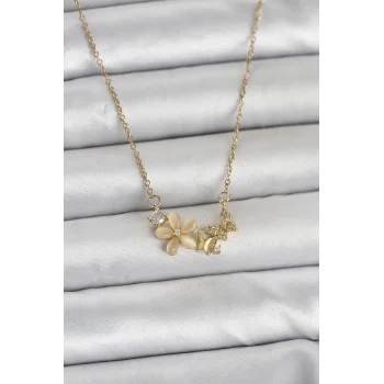 316L Çelik Zincir Gold Renk Çiçek ve Kelebek Model Kadın Kolye