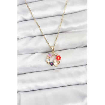 316L Çelik Zincir Gold Renk Çiçekli Kedili Model Kadın Kolye