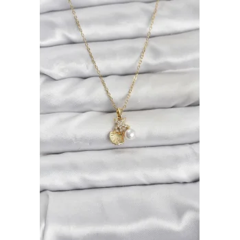 316L Çelik Zincir Gold Renk Deniz Kabuğu ve Deniz Yıldızı Model Zirkon Taşlı Kadın Kolye