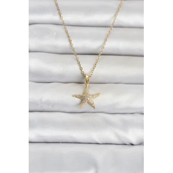 316L Çelik Zincir Gold Renk Deniz Yıldızı Model Zirkon Taşlı Kadın Kolye