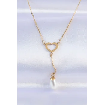 316L Çelik Zincir Gold Renk İnci Taş Detay Kalp Kolye