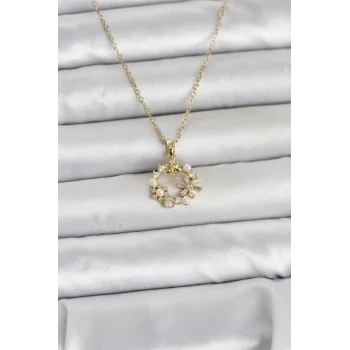 316L Çelik Zincir Gold Renk İncili Çiçek Model Kadın Koyle