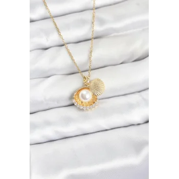 316L Çelik Zincir Gold Renk İncili Deniz Kabuğu Model Zirkon Taşlı Kadın Kolye