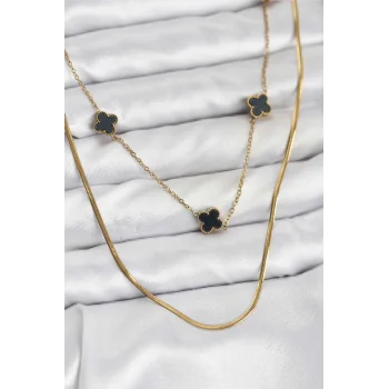 316L Çelik Zincir Gold Renk İtalyan Zincirli Siyah Yonca Model Kadın Kolye