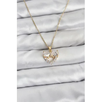 316L Çelik Zincir Gold Renk Kalp ve Fiyonk Model Zirkon Taşlı Kadın Kolye