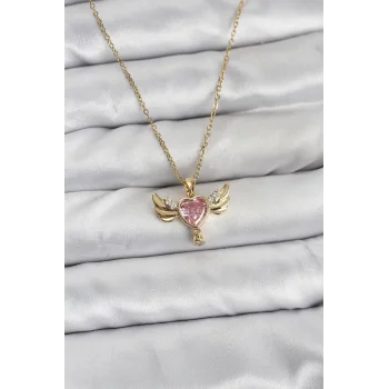 316L Çelik Zincir Gold Renk Kanatlı Kalp Model Zirkon Taşlı Kadın Kolye