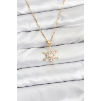 316L Çelik Zincir Gold Renk Kar Tanesi Model Zirkon Taşlı Kadın Kolye