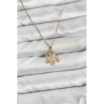 316L Çelik Zincir Gold Renk Kar Tanesi Model Zirkon Taşlı Kadın Kolye