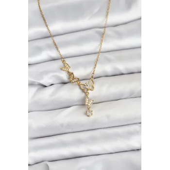 316L Çelik Zincir Gold Renk Kelebek Model Kadın Kolye