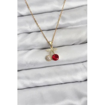 316L Çelik Zincir Gold Renk Kiraz Model Zirkon Taşlı Kadın Kolye