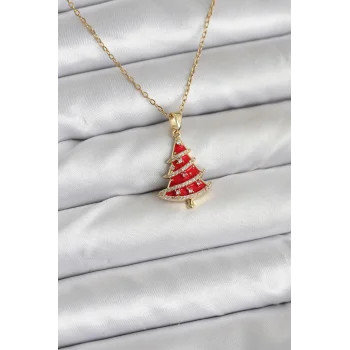 316L Çelik Zincir Gold Renk Kırmızı Çam Ağacı Model Yılbaşı Temalı Kadın Kolye