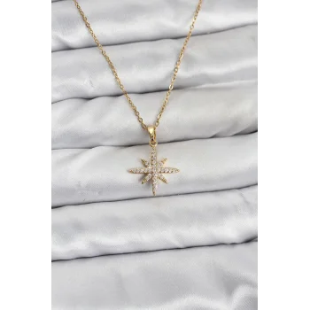 316L Çelik Zincir Gold Renk Kutup Yıldızı Model Zirkon Taşlı Kadın Kolye
