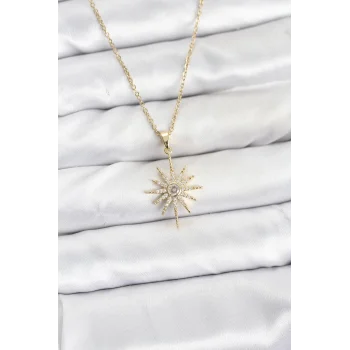 316L Çelik Zincir Gold Renk Kutup Yıldızı Model Zirkon Taşlı Kadın Kolye
