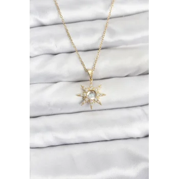 316L Çelik Zincir Gold Renk Kutup Yıldızı Model Zirkon Taşlı Kadın Kolye