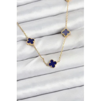 316L Çelik Zincir Gold Renk Lacivert Baby Boy Yonca Kadın Kolye