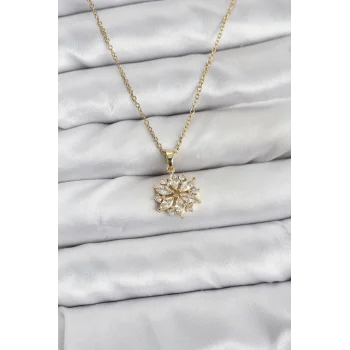 316L Çelik Zincir Gold Renk Lotus Model Zirkon Taşlı Kadın Kolye