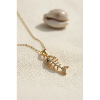 316L Çelik Zincir Gold Renk Minimal Zirkon Taşlı Balık Kılçığı Kolye