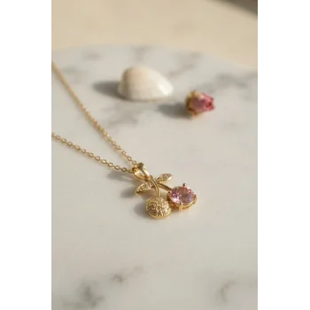 316L Çelik Zincir Gold Renk Pembe Kiraz Model Kolye