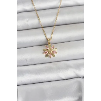 316L Çelik Zincir Gold Renk Pembe Papatya Model Kadın Kolye