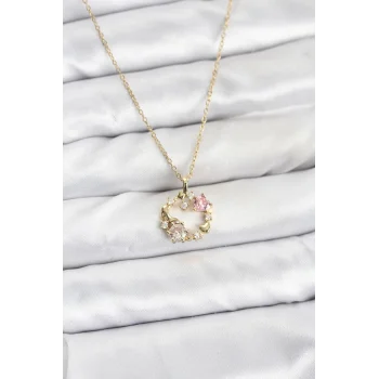 316L Çelik Zincir Gold Renk Pembe Taş Detaylı Çelenk Model Kadın Kolye