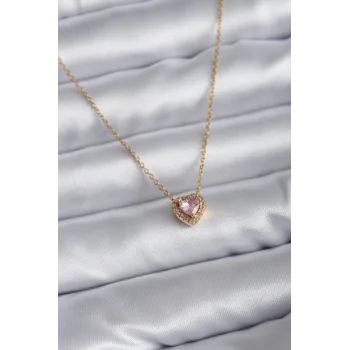 316L Çelik Zincir Gold Renk Pembe Zirkon Taşlı Charm Kadın Kolye