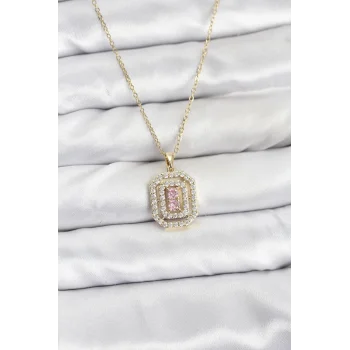 316L Çelik Zincir Gold Renk Plaka Model Zirkon Taşlı Kadın Kolye