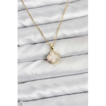 316L Çelik Zincir Gold Renk Sedefli Yonca Kadın Kolye